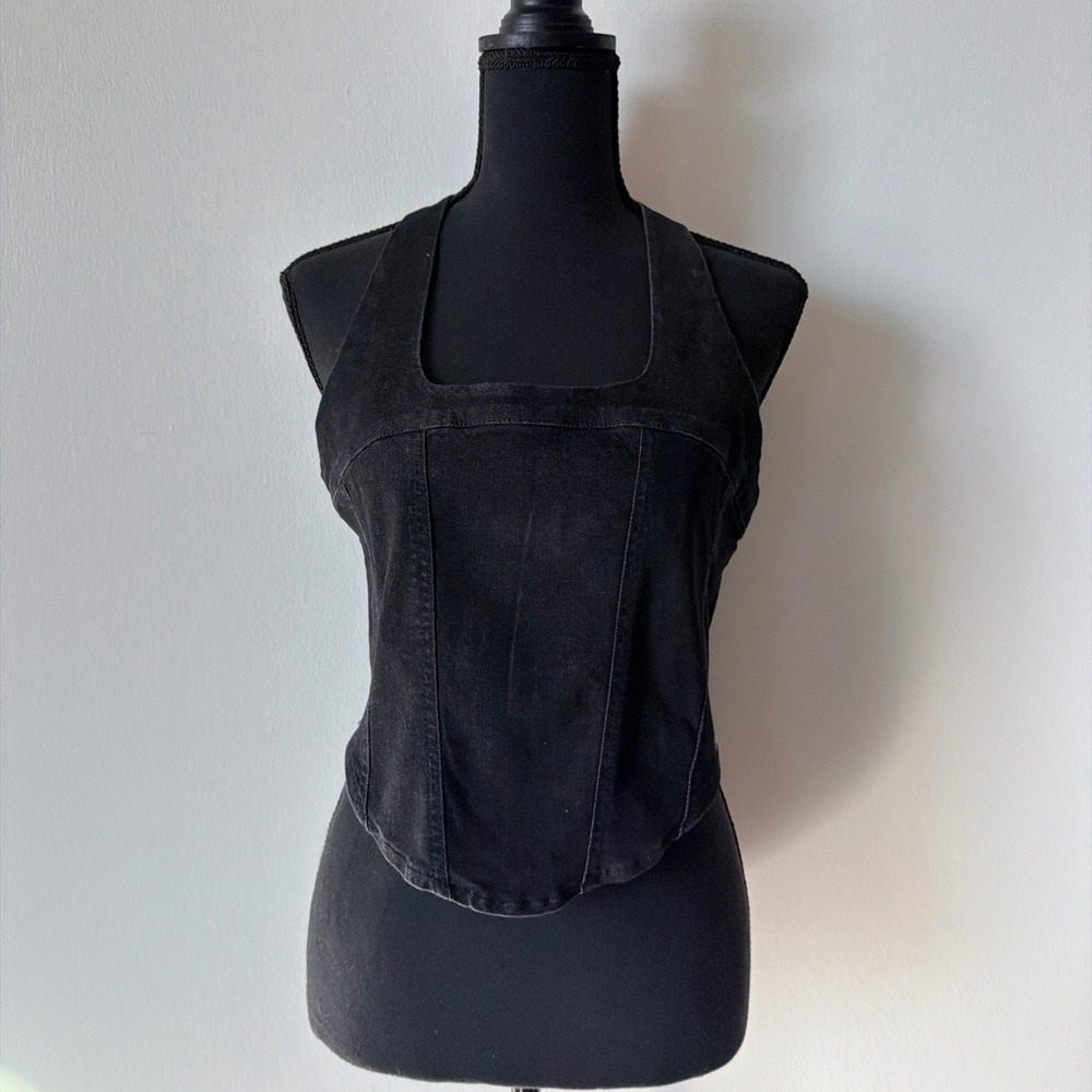 Black Square-Neck Cropped Corset - Like Top